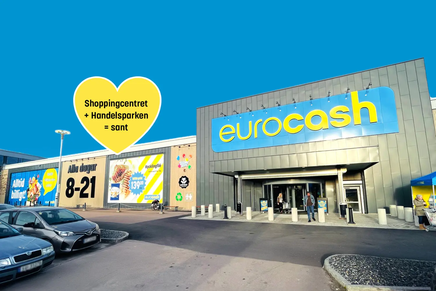 Eurocash-butiksfasad mot en blå himmel, ett gult hjärta med texten "Shopgcentret + Handelsparken = Sant"