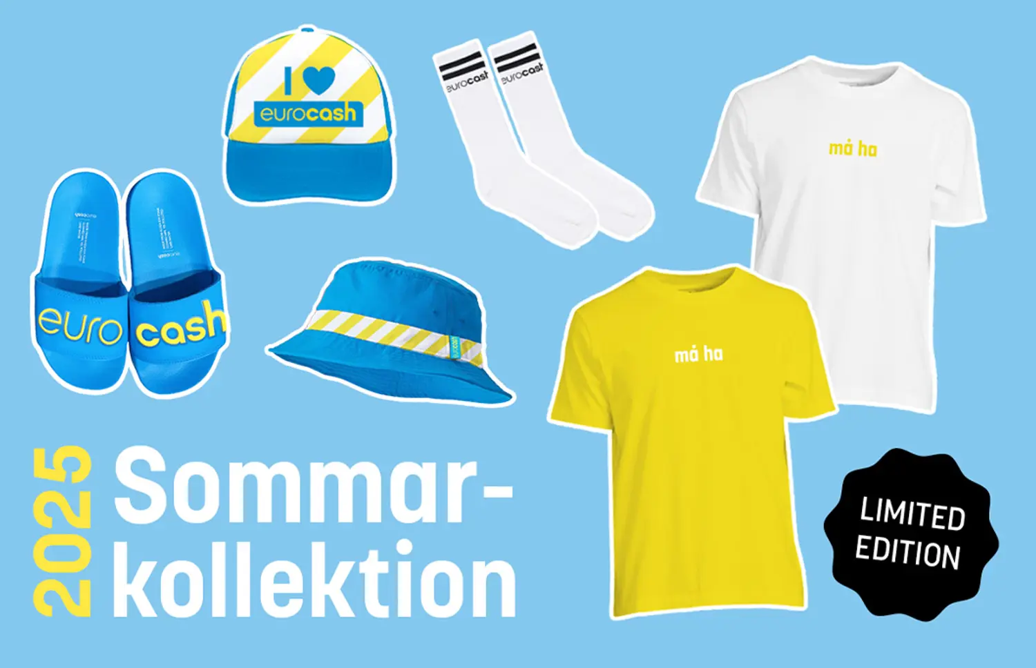 eurocash sommarkollektion 2025 t-shirt tofflor slippers keps hatt och strumpor